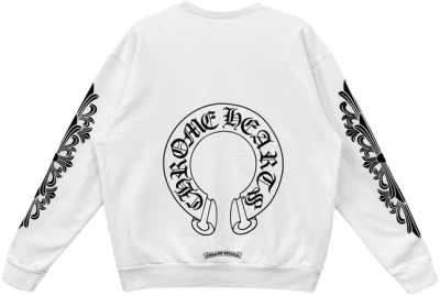 Chrome Hearts Horseshoe Floral Sleeves White Crewneck Sweatshirt