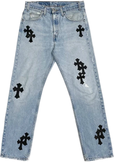 Chrome Hearts Levi's 505 Black Cross Patch Light Blue Jeans