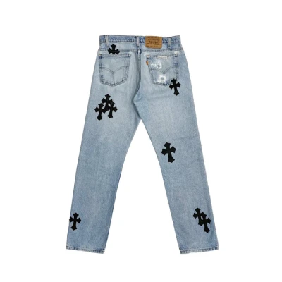 Chrome Hearts Levi's 505 Black Cross Patch Light Blue Jeans