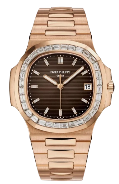 Patek Philippe Custom Nautilus Rose Gold Brown Diamonds Dial 40mm Diamonds Bezel