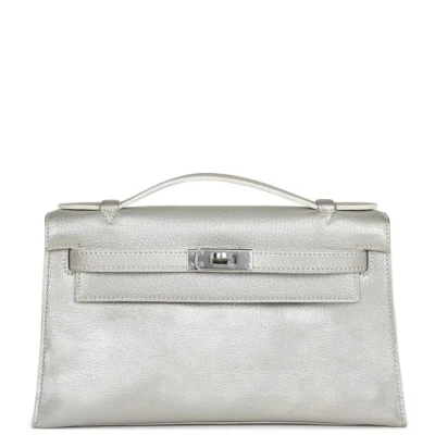 Vintage Hermes Kelly Pochette Silver Metallic Chevre Palladium Hardware Vintage Hermes Kelly Pochette Silver Metallic Chevre Palladium Hardware