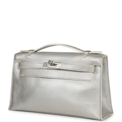 Vintage Hermes Kelly Pochette Silver Metallic Chevre Palladium Hardware Vintage Hermes Kelly Pochette Silver Metallic Chevre Palladium Hardware