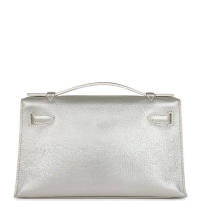 Vintage Hermes Kelly Pochette Silver Metallic Chevre Palladium Hardware Vintage Hermes Kelly Pochette Silver Metallic Chevre Palladium Hardware