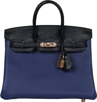 Hermes Birkin 25 Bleu Saphir Taurillion Novillo and Bleu Marine Matte Alligator Touch Rose Gold Hardware Hermes Birkin 25 Bleu Saphir Taurillion Novillo and Bleu Marine Matte Alligator Touch Rose Gold Hardware