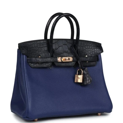 Hermes Birkin 25 Bleu Saphir Taurillion Novillo and Bleu Marine Matte Alligator Touch Rose Gold Hardware Hermes Birkin 25 Bleu Saphir Taurillion Novillo and Bleu Marine Matte Alligator Touch Rose Gold Hardware