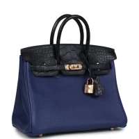 Hermes Birkin 25 Bleu Saphir Taurillion Novillo and Bleu Marine Matte Alligator Touch Rose Gold Hardware Hermes Birkin 25 Bleu Saphir Taurillion Novillo and Bleu Marine Matte Alligator Touch Rose Gold Hardware