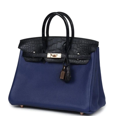 Hermes Birkin 25 Bleu Saphir Taurillion Novillo and Bleu Marine Matte Alligator Touch Rose Gold Hardware Hermes Birkin 25 Bleu Saphir Taurillion Novillo and Bleu Marine Matte Alligator Touch Rose Gold Hardware