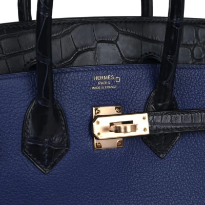 Hermes Birkin 25 Bleu Saphir Taurillion Novillo and Bleu Marine Matte Alligator Touch Rose Gold Hardware Hermes Birkin 25 Bleu Saphir Taurillion Novillo and Bleu Marine Matte Alligator Touch Rose Gold Hardware