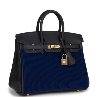 Hermes Birkin 25 Cote-a-Cote Tuffetage Bleu Saphir and Caban Swift Permabrass Hardware Hermes Birkin 25 Cote-a-Cote Tuffetage Bleu Saphir and Caban Swift Permabrass Hardware