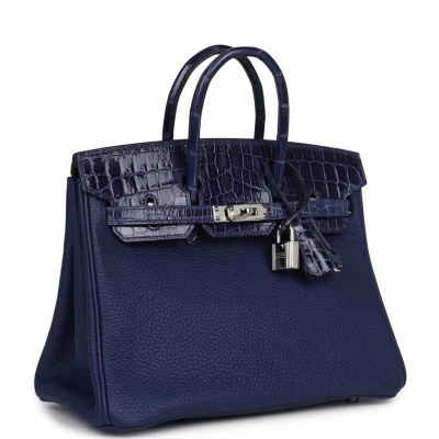 Hermes Birkin 25 Touch Bleu Encre Togo and Shiny Niloticus Crocodile Palladium Hardware Hermes Birkin 25 Touch Bleu Encre Togo and Shiny Niloticus Crocodile Palladium Hardware