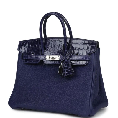 Hermes Birkin 25 Touch Bleu Encre Togo and Shiny Niloticus Crocodile Palladium Hardware Hermes Birkin 25 Touch Bleu Encre Togo and Shiny Niloticus Crocodile Palladium Hardware