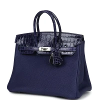 Hermes Birkin 25 Touch Bleu Encre Togo and Shiny Niloticus Crocodile Palladium Hardware Hermes Birkin 25 Touch Bleu Encre Togo and Shiny Niloticus Crocodile Palladium Hardware