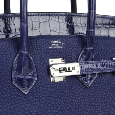 Hermes Birkin 25 Touch Bleu Encre Togo and Shiny Niloticus Crocodile Palladium Hardware Hermes Birkin 25 Touch Bleu Encre Togo and Shiny Niloticus Crocodile Palladium Hardware