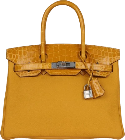 Hermes Birkin 30 Jaune Ambre Shiny Niloticus Crocodile and Togo Touch Palladium Hardware Hermes Birkin 30 Jaune Ambre Shiny Niloticus Crocodile and Togo Touch Palladium Hardware