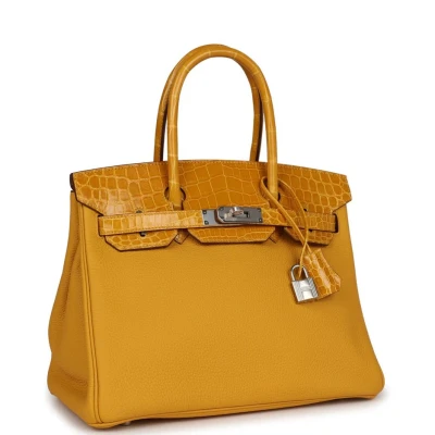 Hermes Birkin 30 Jaune Ambre Shiny Niloticus Crocodile and Togo Touch Palladium Hardware Hermes Birkin 30 Jaune Ambre Shiny Niloticus Crocodile and Togo Touch Palladium Hardware
