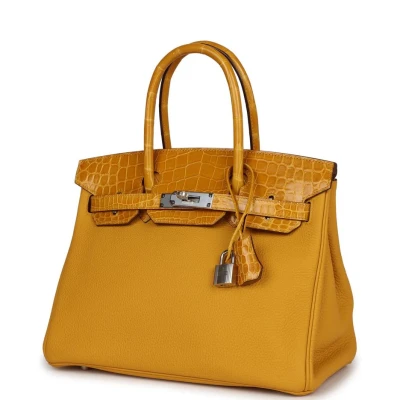Hermes Birkin 30 Jaune Ambre Shiny Niloticus Crocodile and Togo Touch Palladium Hardware Hermes Birkin 30 Jaune Ambre Shiny Niloticus Crocodile and Togo Touch Palladium Hardware