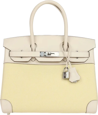 Hermes Birkin 30 Nata Swift and Jaune Poussin Toile Palladium Hardware Hermes Birkin 30 Nata Swift and Jaune Poussin Toile Palladium Hardware