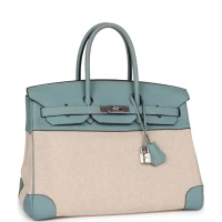 Hermes Birkin 35 Toile H and Ciel Clemence Palladium Hardware Hermes Birkin 35 Toile H and Ciel Clemence Palladium Hardware