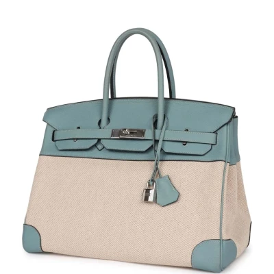 Hermes Birkin 35 Toile H and Ciel Clemence Palladium Hardware Hermes Birkin 35 Toile H and Ciel Clemence Palladium Hardware