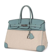 Hermes Birkin 35 Toile H and Ciel Clemence Palladium Hardware Hermes Birkin 35 Toile H and Ciel Clemence Palladium Hardware