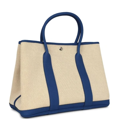 Hermes Garden Party 36 Bleu France Negonda and Ecru Canvas Palladium Hardware Hermes Garden Party 36 Bleu France Negonda and Ecru Canvas Palladium Hardware