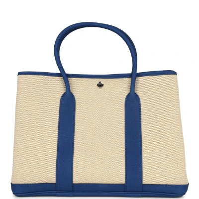 Hermes Garden Party 36 Bleu France Negonda and Ecru Canvas Palladium Hardware Hermes Garden Party 36 Bleu France Negonda and Ecru Canvas Palladium Hardware