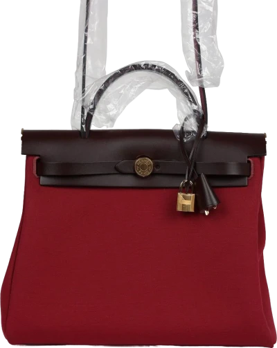 Hermes Herbag Zip 31 PM Rubis Toile and Rouge Sellier Vache Hunter Gold Hardware Hermes Herbag Zip 31 PM Rubis Toile and Rouge Sellier Vache Hunter Gold Hardware