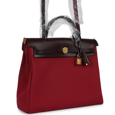Hermes Herbag Zip 31 PM Rubis Toile and Rouge Sellier Vache Hunter Gold Hardware Hermes Herbag Zip 31 PM Rubis Toile and Rouge Sellier Vache Hunter Gold Hardware