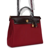 Hermes Herbag Zip 31 PM Rubis Toile and Rouge Sellier Vache Hunter Gold Hardware Hermes Herbag Zip 31 PM Rubis Toile and Rouge Sellier Vache Hunter Gold Hardware