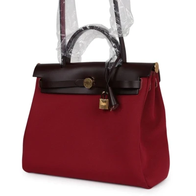 Hermes Herbag Zip 31 PM Rubis Toile and Rouge Sellier Vache Hunter Gold Hardware Hermes Herbag Zip 31 PM Rubis Toile and Rouge Sellier Vache Hunter Gold Hardware