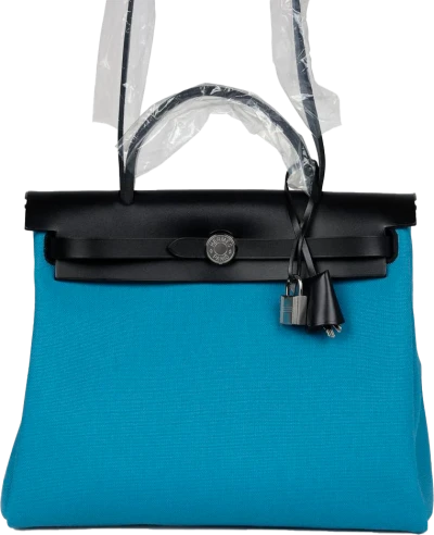 Hermes Herbag Zip PM 31 Blue Jean Toile H and Black Vache Hunter Palladium Hardware Hermes Herbag Zip PM 31 Blue Jean Toile H and Black Vache Hunter Palladium Hardware