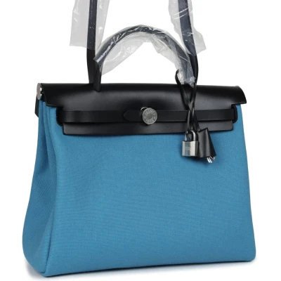 Hermes Herbag Zip PM 31 Blue Jean Toile H and Black Vache Hunter Palladium Hardware Hermes Herbag Zip PM 31 Blue Jean Toile H and Black Vache Hunter Palladium Hardware