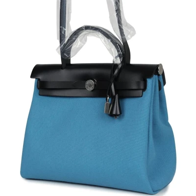 Hermes Herbag Zip PM 31 Blue Jean Toile H and Black Vache Hunter Palladium Hardware Hermes Herbag Zip PM 31 Blue Jean Toile H and Black Vache Hunter Palladium Hardware