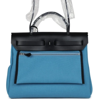 Hermes Herbag Zip PM 31 Blue Jean Toile H and Black Vache Hunter Palladium Hardware Hermes Herbag Zip PM 31 Blue Jean Toile H and Black Vache Hunter Palladium Hardware