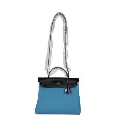 Hermes Herbag Zip PM 31 Blue Jean Toile H and Black Vache Hunter Palladium Hardware Hermes Herbag Zip PM 31 Blue Jean Toile H and Black Vache Hunter Palladium Hardware
