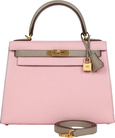 Hermes HSS Kelly Sellier 28 Rose Sakura and Gris Tourterelle Chevre Brushed Gold Hardware Hermes HSS Kelly Sellier 28 Rose Sakura and Gris Tourterelle Chevre Brushed Gold Hardware