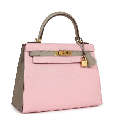 Hermes HSS Kelly Sellier 28 Rose Sakura and Gris Tourterelle Chevre Brushed Gold Hardware Hermes HSS Kelly Sellier 28 Rose Sakura and Gris Tourterelle Chevre Brushed Gold Hardware