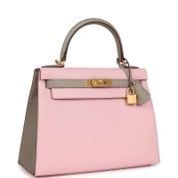 Hermes HSS Kelly Sellier 28 Rose Sakura and Gris Tourterelle Chevre Brushed Gold Hardware Hermes HSS Kelly Sellier 28 Rose Sakura and Gris Tourterelle Chevre Brushed Gold Hardware