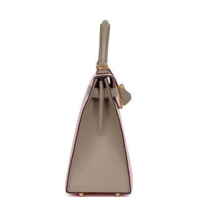 Hermes HSS Kelly Sellier 28 Rose Sakura and Gris Tourterelle Chevre Brushed Gold Hardware Hermes HSS Kelly Sellier 28 Rose Sakura and Gris Tourterelle Chevre Brushed Gold Hardware