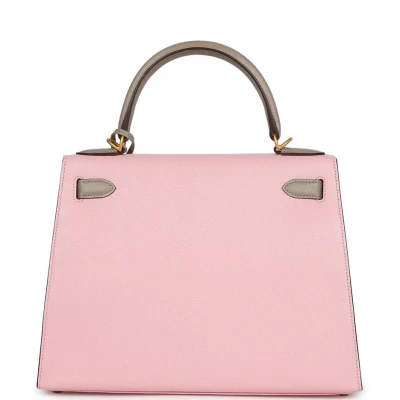 Hermes HSS Kelly Sellier 28 Rose Sakura and Gris Tourterelle Chevre Brushed Gold Hardware Hermes HSS Kelly Sellier 28 Rose Sakura and Gris Tourterelle Chevre Brushed Gold Hardware