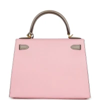 Hermes HSS Kelly Sellier 28 Rose Sakura and Gris Tourterelle Chevre Brushed Gold Hardware Hermes HSS Kelly Sellier 28 Rose Sakura and Gris Tourterelle Chevre Brushed Gold Hardware