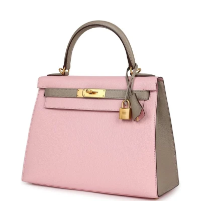 Hermes HSS Kelly Sellier 28 Rose Sakura and Gris Tourterelle Chevre Brushed Gold Hardware Hermes HSS Kelly Sellier 28 Rose Sakura and Gris Tourterelle Chevre Brushed Gold Hardware