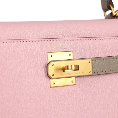 Hermes HSS Kelly Sellier 28 Rose Sakura and Gris Tourterelle Chevre Brushed Gold Hardware Hermes HSS Kelly Sellier 28 Rose Sakura and Gris Tourterelle Chevre Brushed Gold Hardware