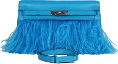 Hermes Kelly Elan Foile Bleu Frida Chevre Chamkila and Ostrich Feathers Palladium Hardware Hermes Kelly Elan Foile Bleu Frida Chevre Chamkila and Ostrich Feathers Palladium Hardware