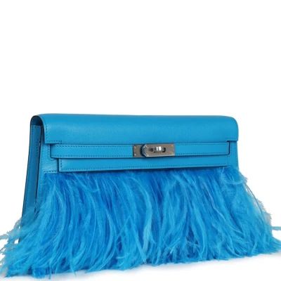 Hermes Kelly Elan Foile Bleu Frida Chevre Chamkila and Ostrich Feathers Palladium Hardware Hermes Kelly Elan Foile Bleu Frida Chevre Chamkila and Ostrich Feathers Palladium Hardware