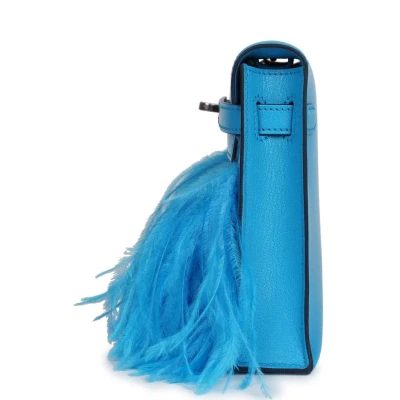 Hermes Kelly Elan Foile Bleu Frida Chevre Chamkila and Ostrich Feathers Palladium Hardware Hermes Kelly Elan Foile Bleu Frida Chevre Chamkila and Ostrich Feathers Palladium Hardware