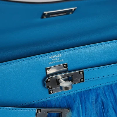 Hermes Kelly Elan Foile Bleu Frida Chevre Chamkila and Ostrich Feathers Palladium Hardware Hermes Kelly Elan Foile Bleu Frida Chevre Chamkila and Ostrich Feathers Palladium Hardware