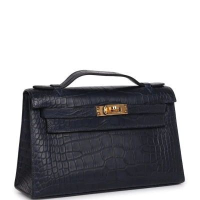 Hermes Kelly Pochette Bleu Indigo Matte Alligator Gold Hardware Hermes Kelly Pochette Bleu Indigo Matte Alligator Gold Hardware