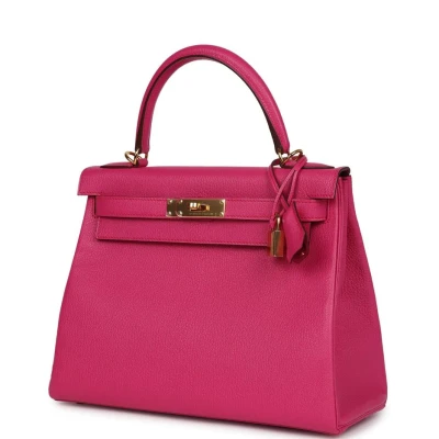 Hermes Kelly Retourne 28 Rose Shocking Chevre Gold Hardware