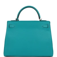 Hermes Kelly Retourne 32 Bleu Paon Clemence Palladium Hardware Hermes Kelly Retourne 32 Bleu Paon Clemence Palladium Hardware